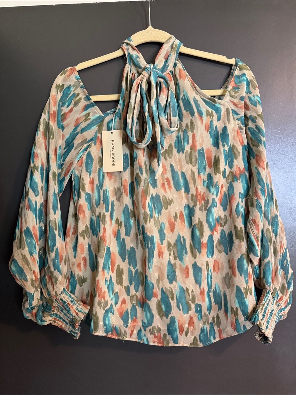 Ramy Brook Teal Coral Olive Tie-Neck Blouse
